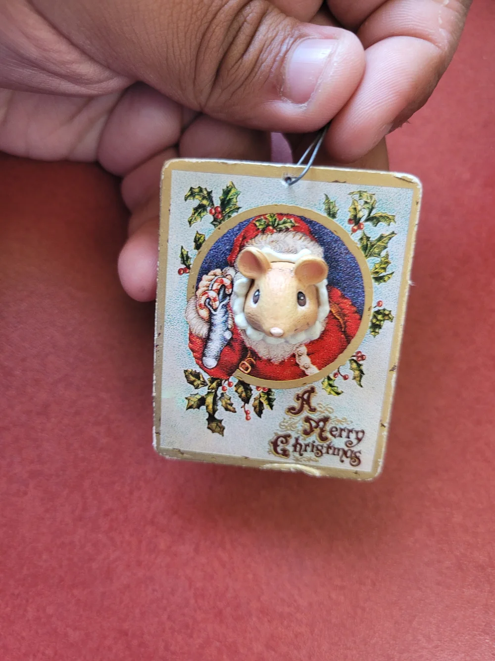 Enesco 1992 FIRST CLASS CHRISTMAS Ornament 2-sided Mouse in Postcard Vintage